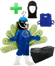 Kostüm Pfau + Kühlweste "Blue M24" + Tasche "XL" + Hygiene Maske (Hochwertig)